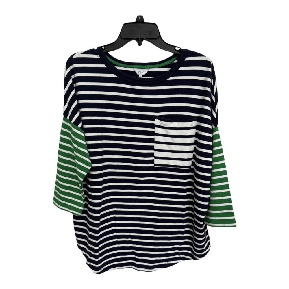 Crown & Ivy Navy White Green Dolman Sleeve Long Sleeve Pocket Tee Size Large